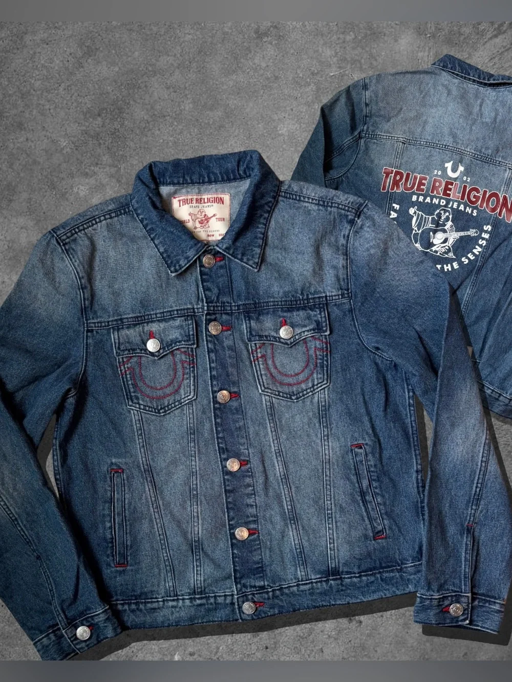 True Religion Dark Blue Denim Jacket with Red Stitching NWT